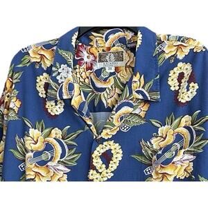 Vintage Kalaheo Hawaiian Button Down Up Shirt Floral Guitar Lei Navy Sz 3X USA